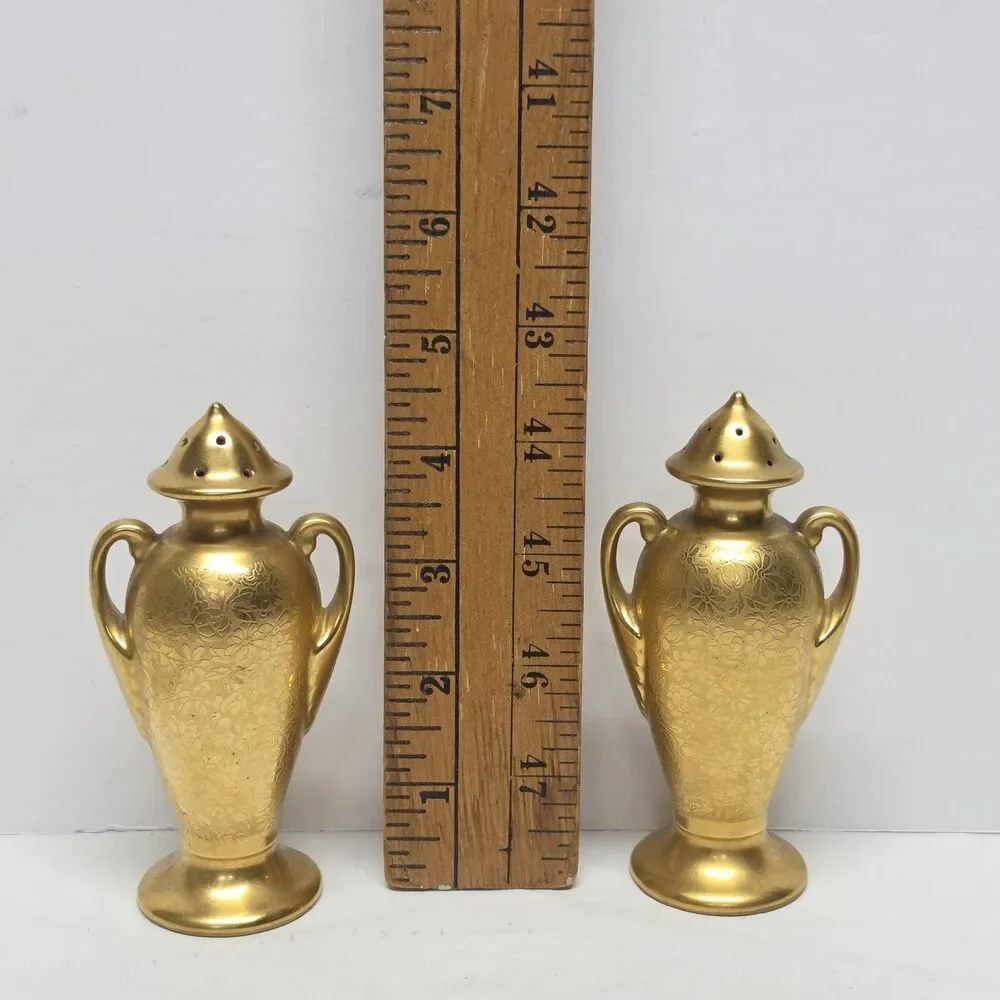 Vintage 50s Stouffer 24 Kt Gold Plated Salt/Pepper Shaker ROSE DAISY w Handles
